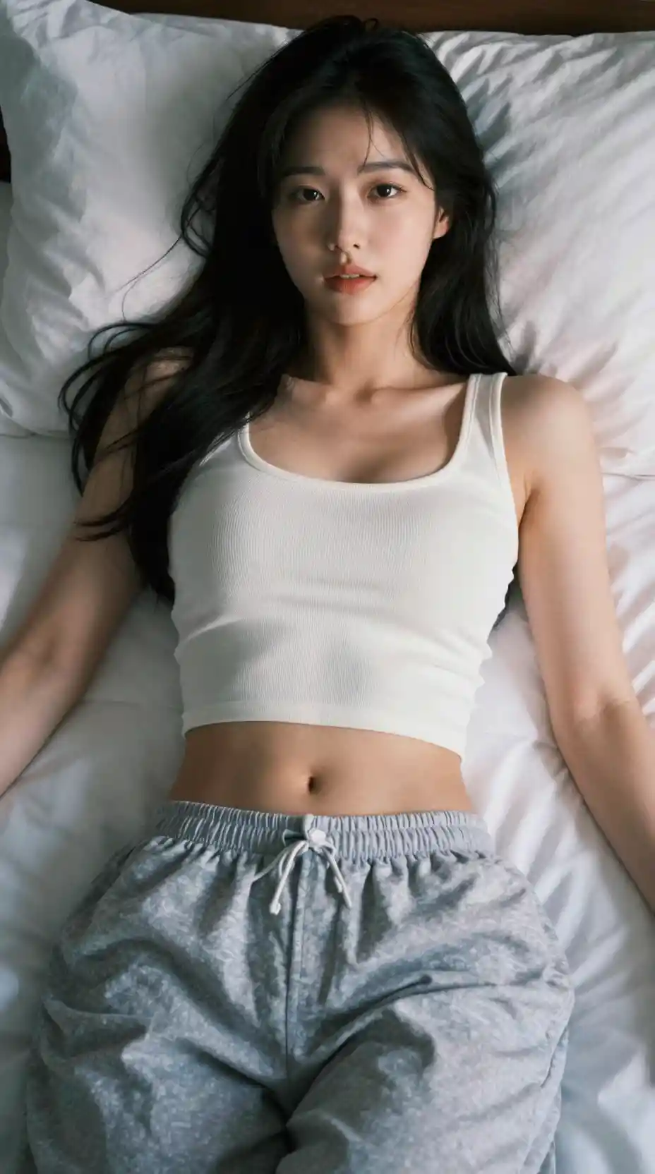 Korean girl lying on a bed in soft morning light