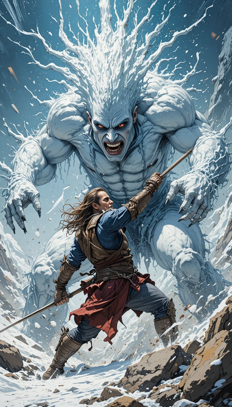 Combat épique entre créature de neige et monstre de boue dans un style comics
