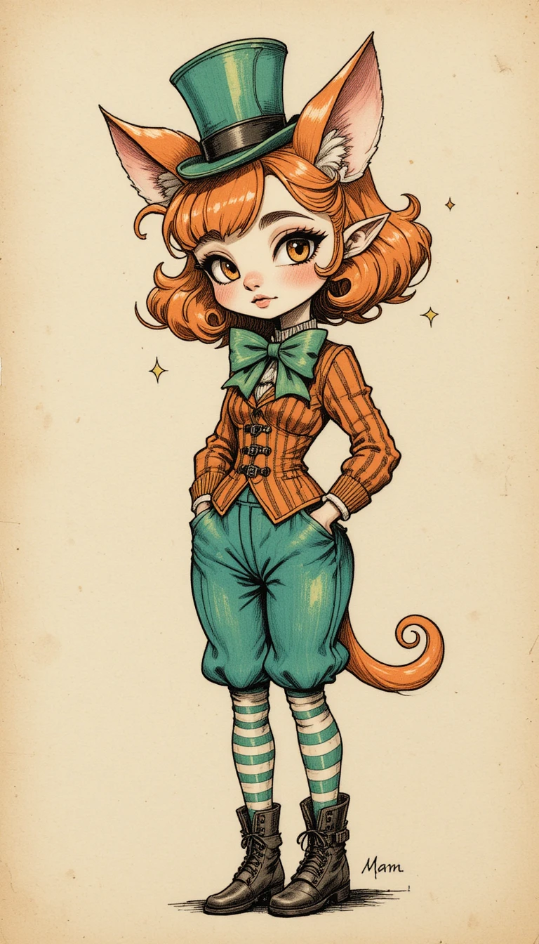 Verspieltes Imp-Porträt im Vintage-Stil mit Tinte und Buntstift