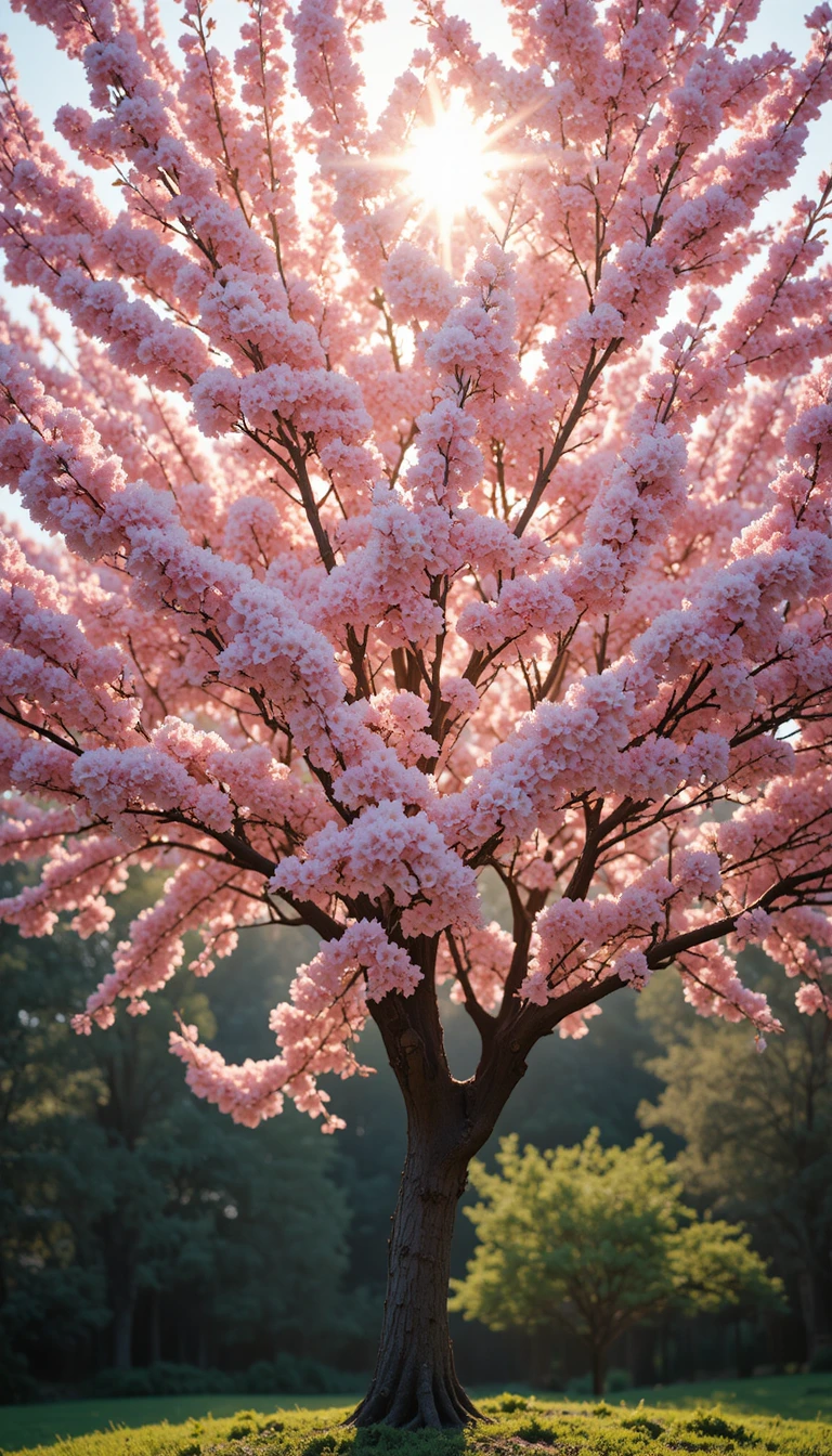 Ciliegio in piena fioritura rosa sotto il caldo sole