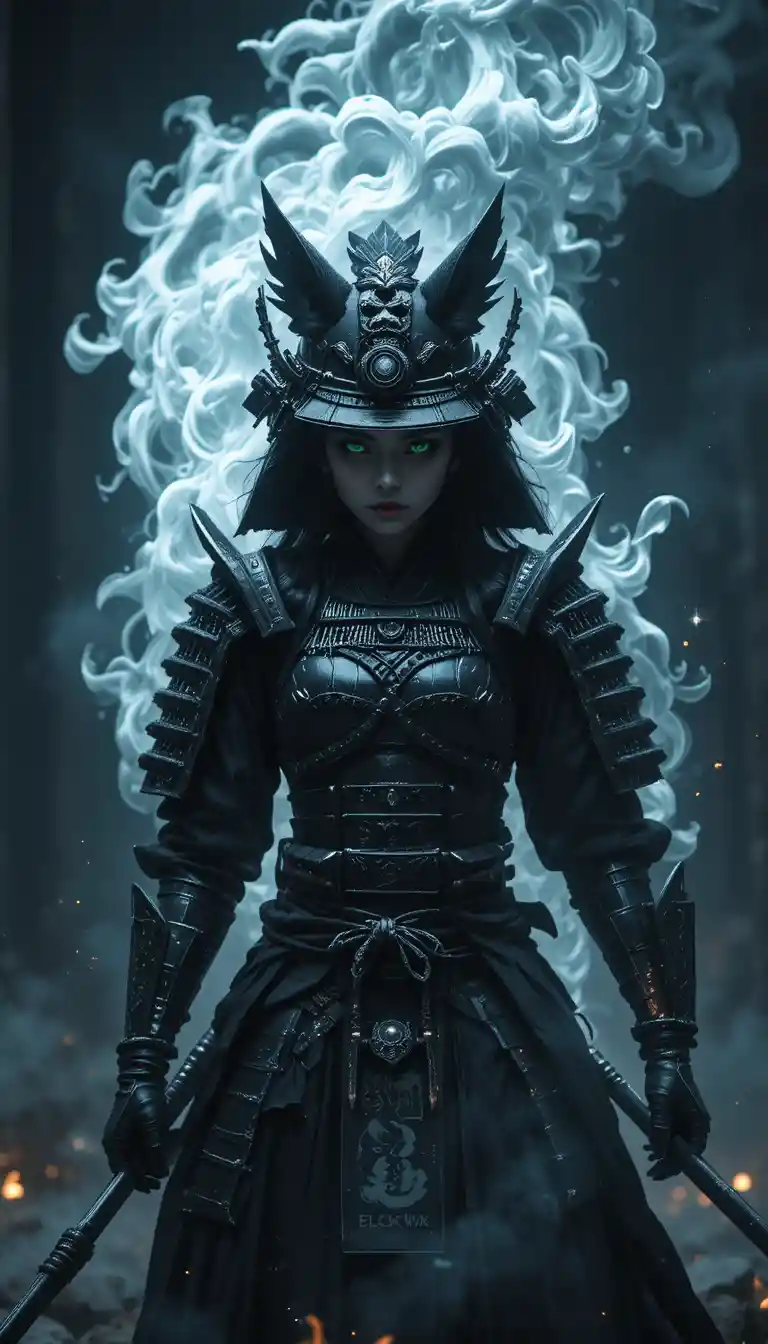 Black female samurai with glowing fox spirit aura