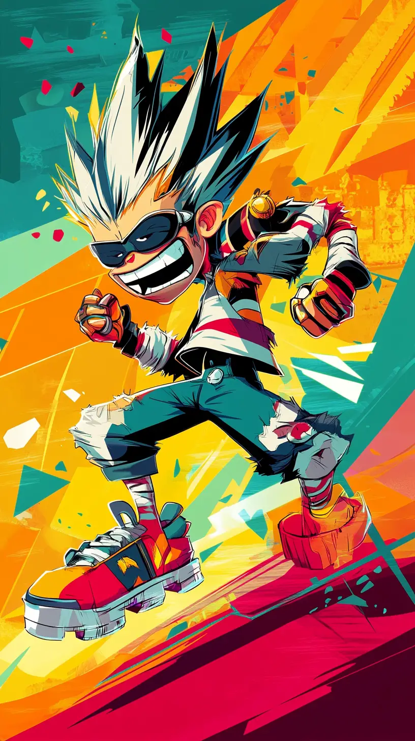 Dynamic cartoon character in bold graphic action pose