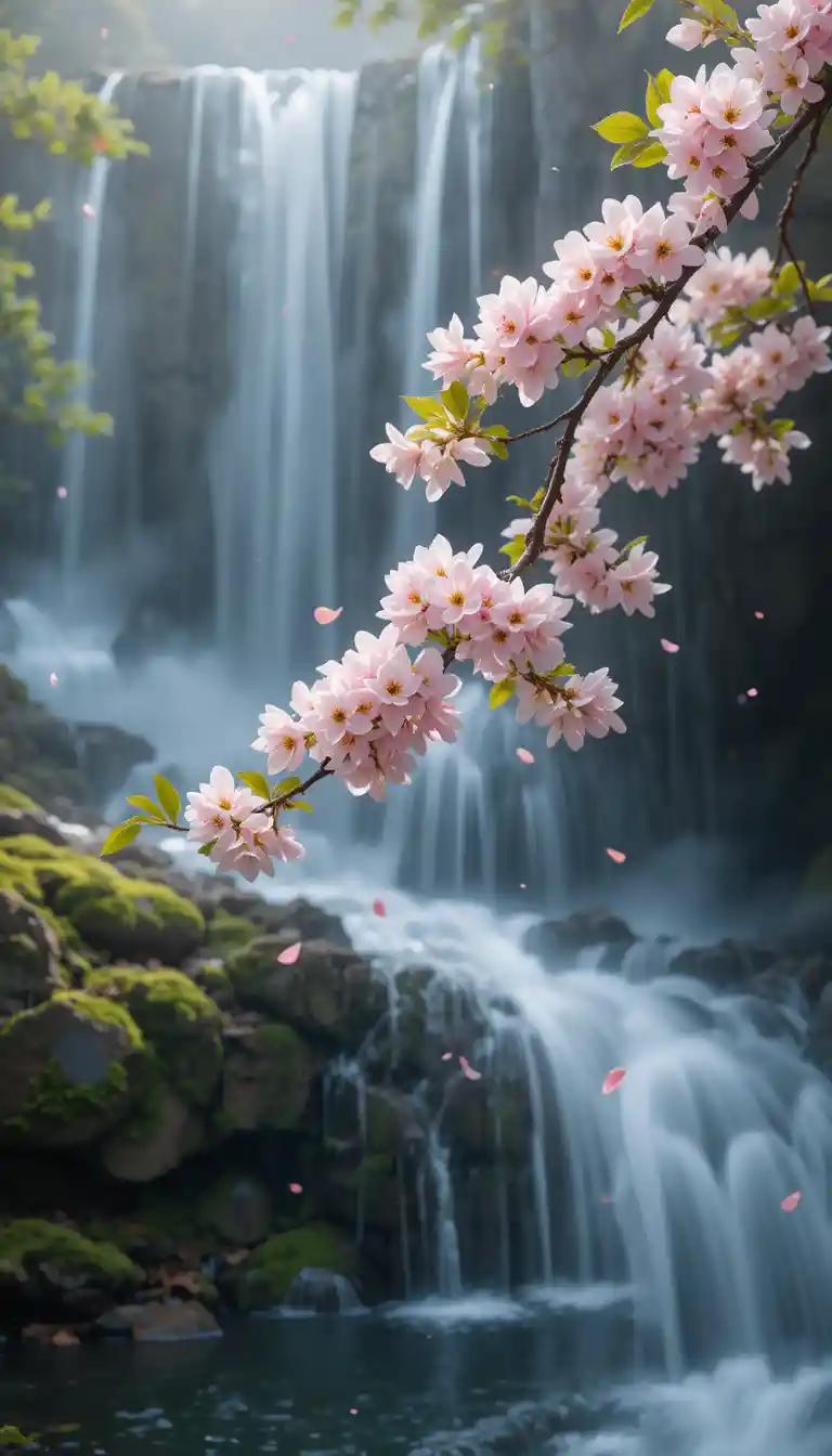 Almond blossoms above a mossy waterfall in soft light