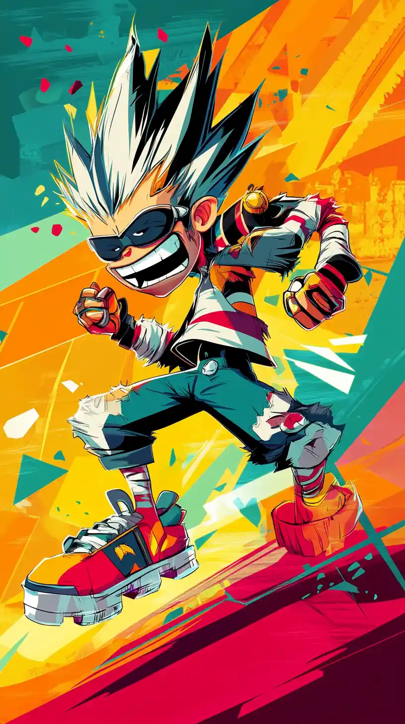 Dynamic cartoon character in bold graphic action pose