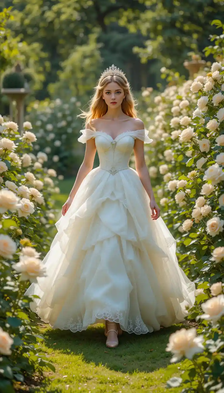Girl in white dress walking through a rose garden