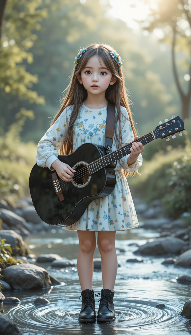 Joven chica cantando con una guitarra en un arroyo