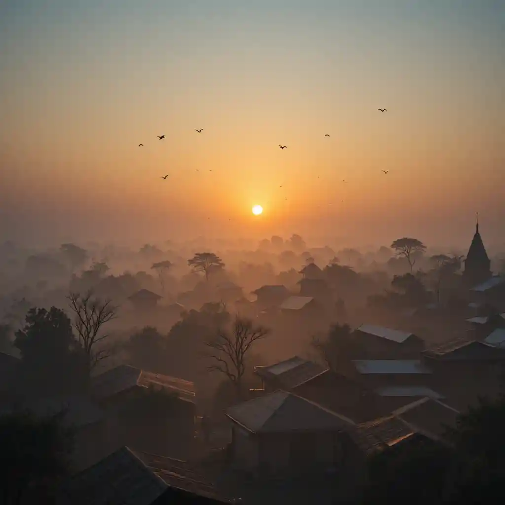 Kinematischer Sonnenaufgang über einer nebligen indischen Dorflandschaft