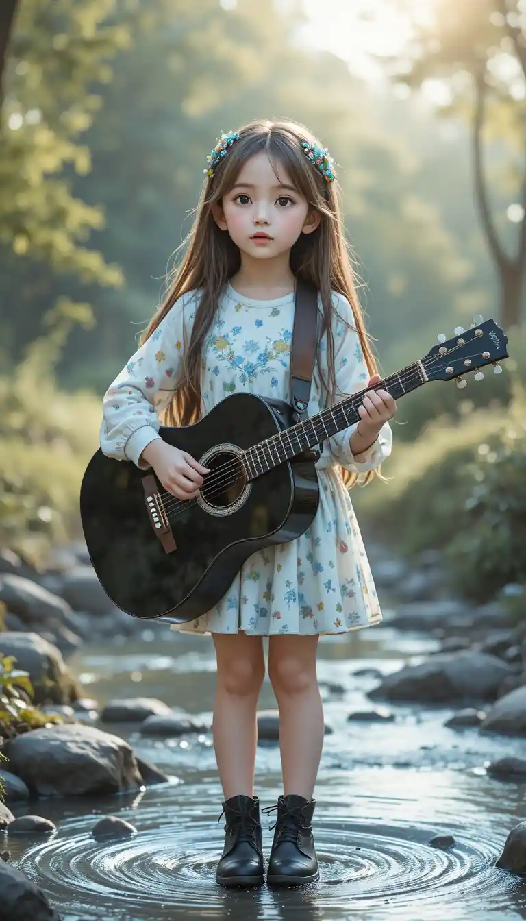 Joven chica cantando con una guitarra en un arroyo