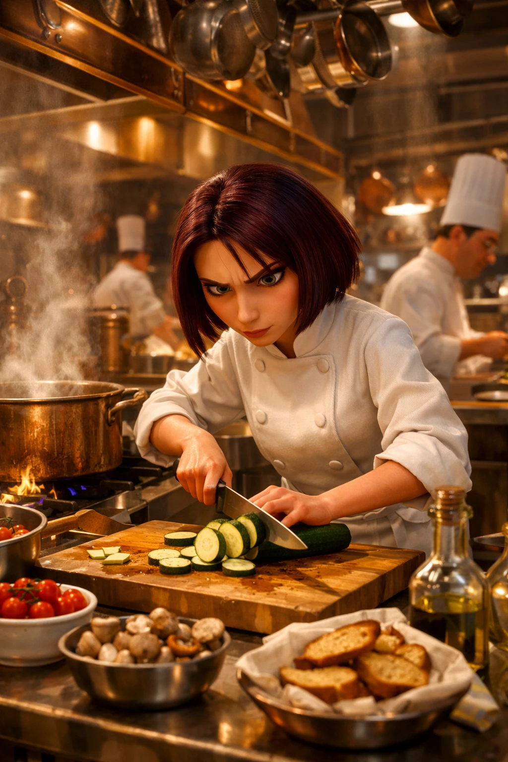 Donna determinata al lavoro in una cucina di ristorante affollata