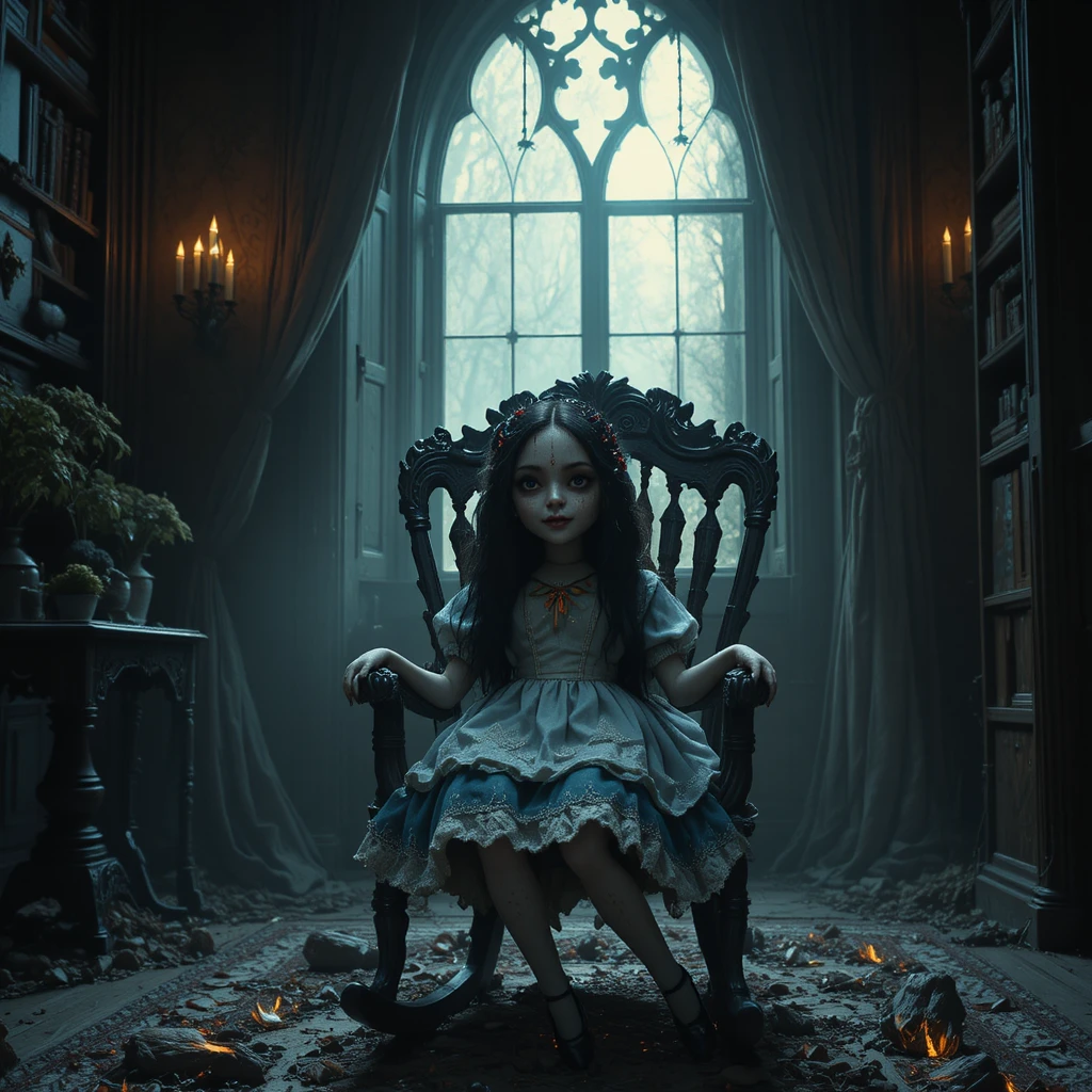 Unheimliche Alice-Puppe auf gotischem Schaukelstuhl in der Nacht