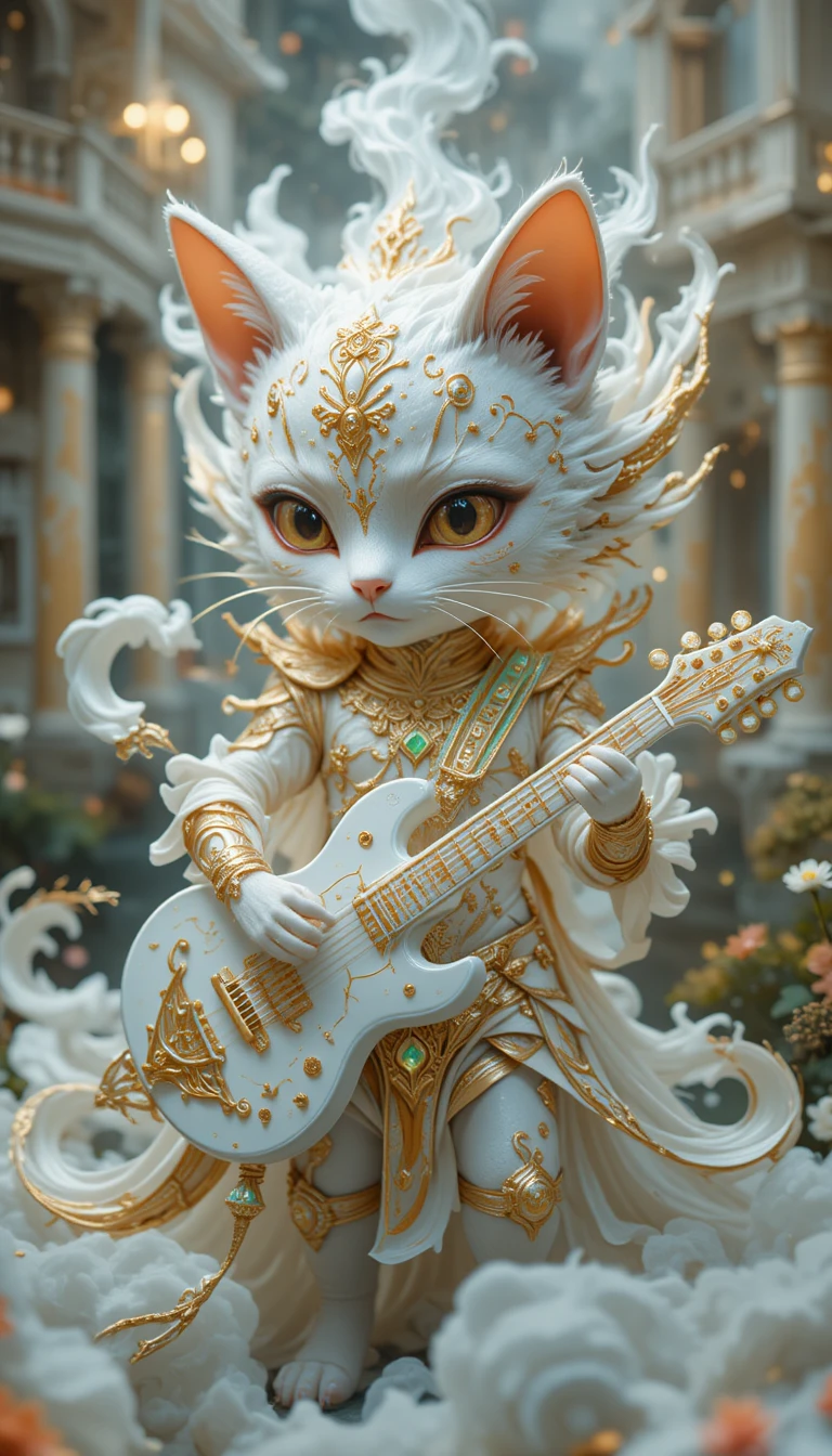 Mythical cat spirit playing a glowing guitar by a palace