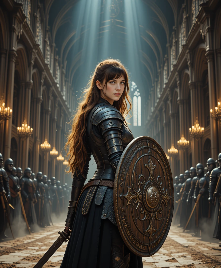 Armored female knight in a grand gothic cathedral hall