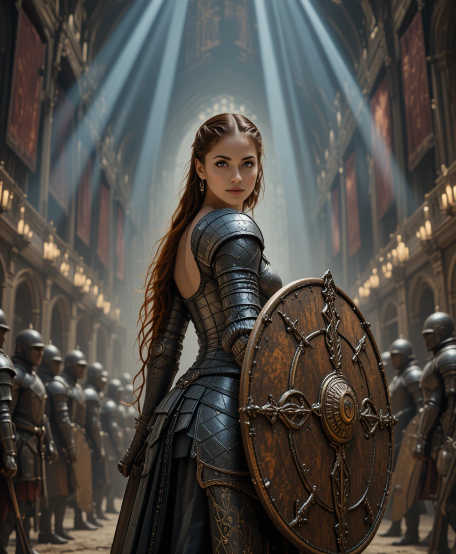 Armored female knight in a gothic cathedral hall