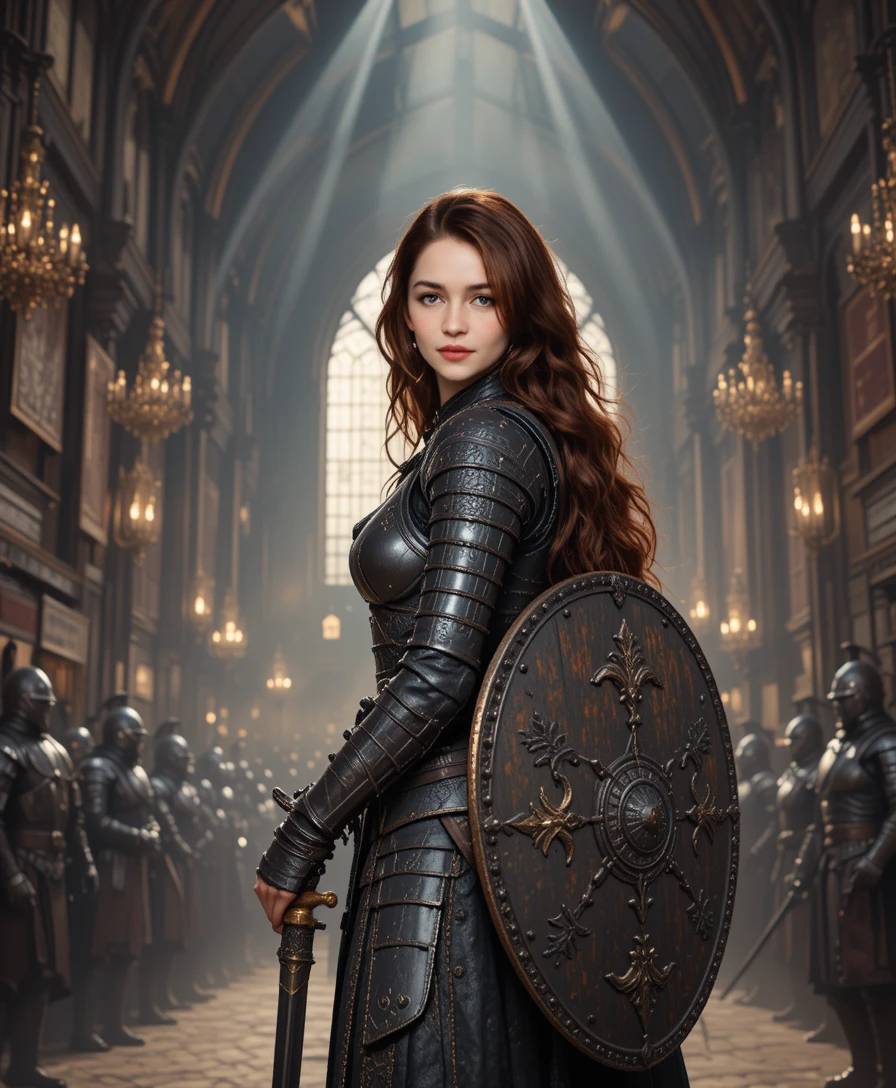 Female knight in gothic cathedral with sword and shield