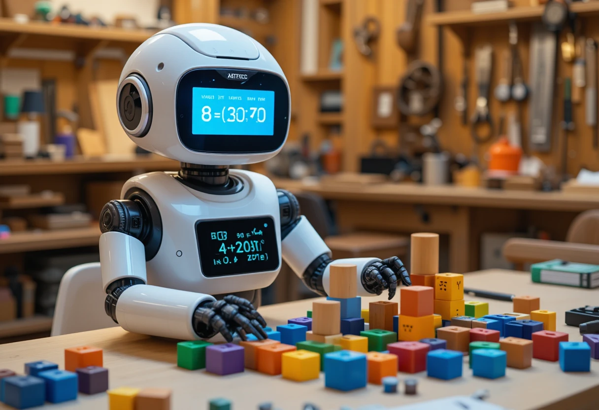 Robot de servicio ordenando bloques infantiles en un taller acogedor