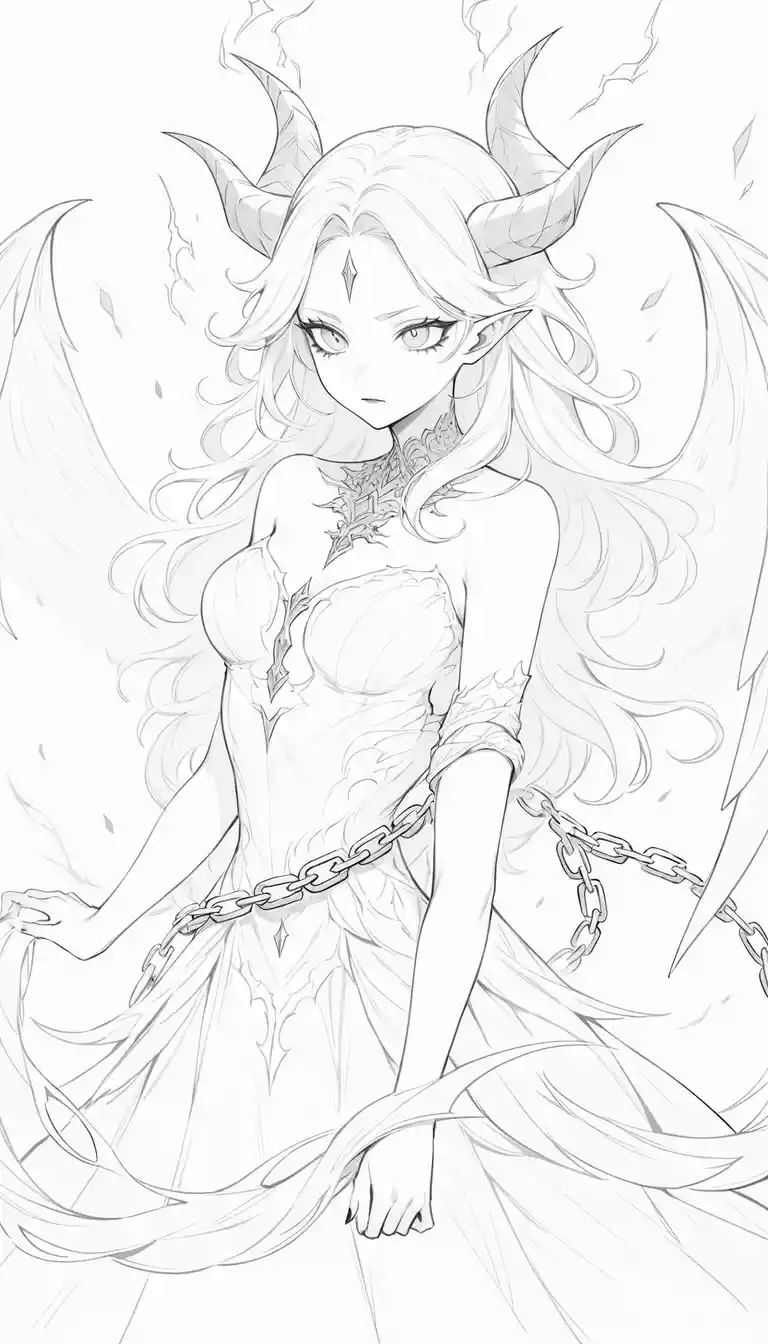 White haired demon woman with flaming horns and black wings