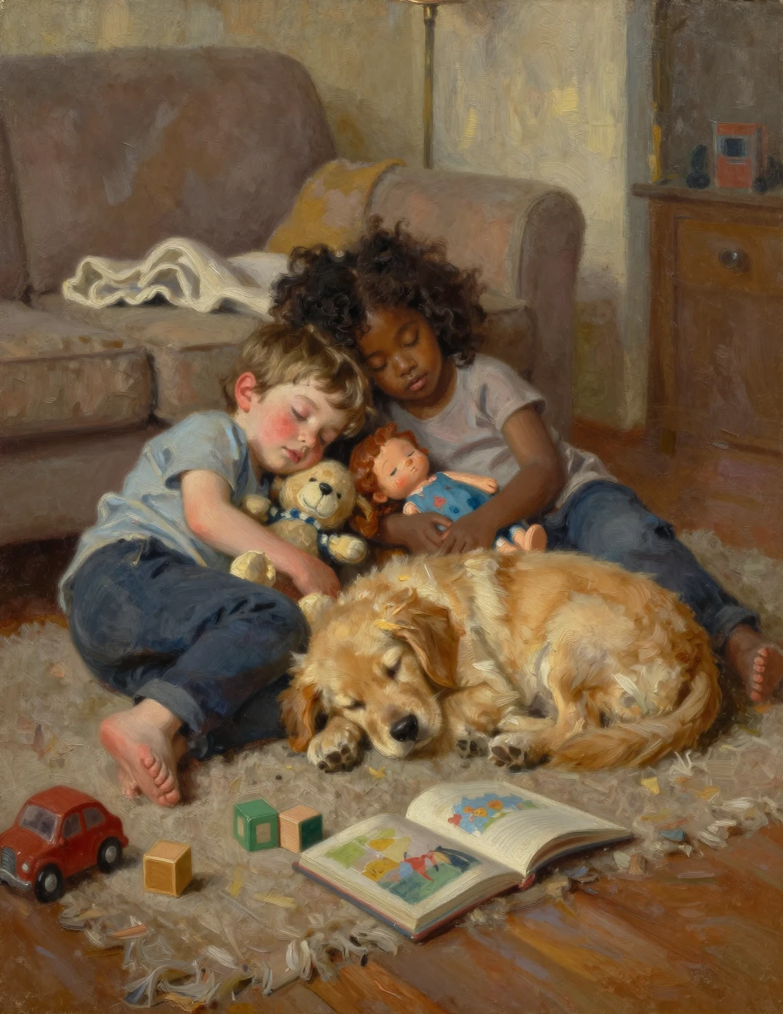 Sleeping children and puppy in warm oil painted living room
