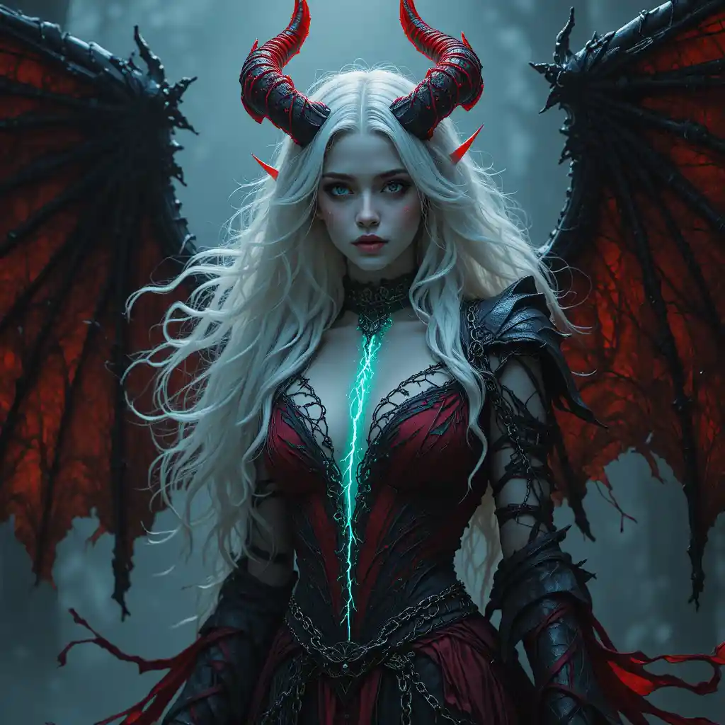 Demonic winged woman wreathed in flames and lightning