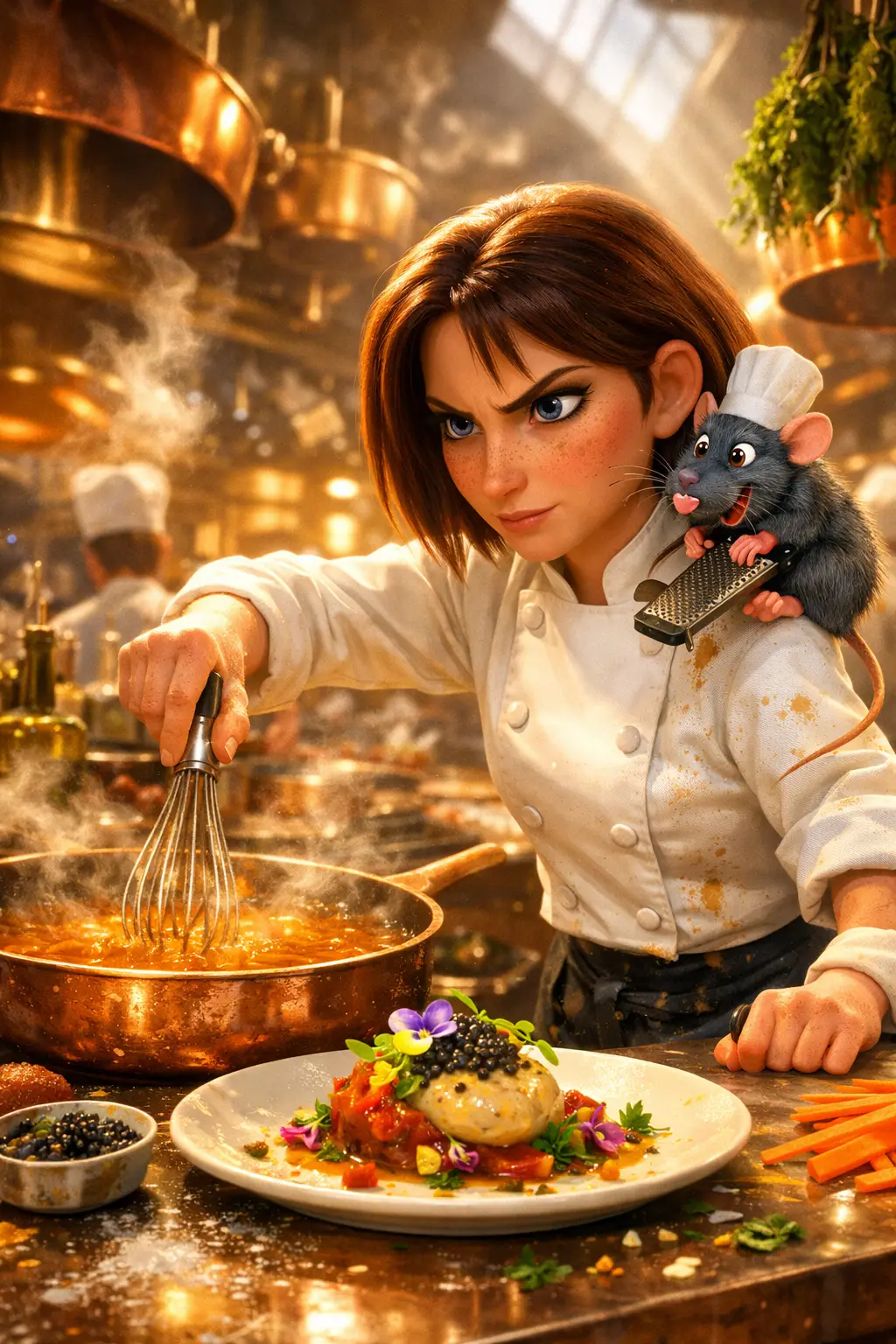Pixar style rat chef and woman in busy Paris kitchen