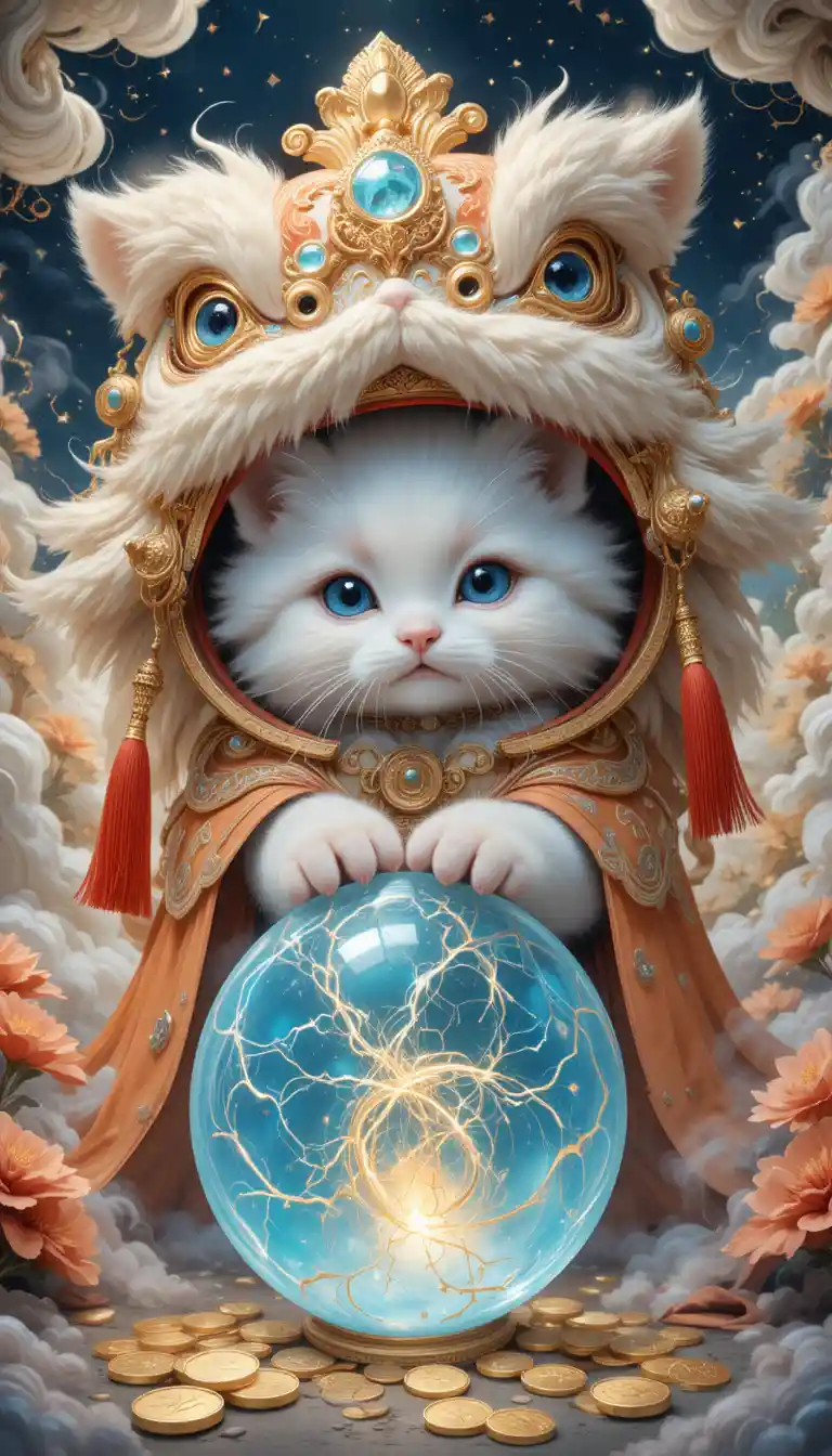 Celestial kitten in ornate lion dance costume with crystal orb