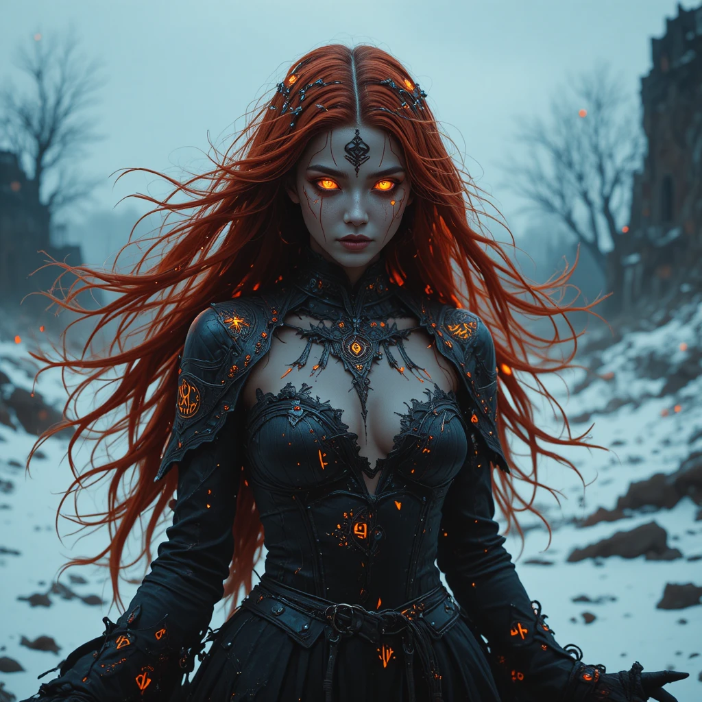 Flame touched sorceress in a desolate snowy wasteland