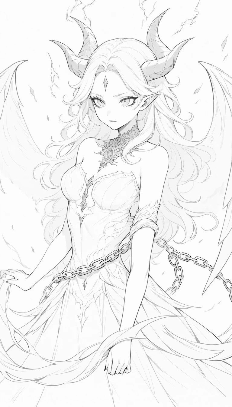White haired demon woman with flaming horns and black wings