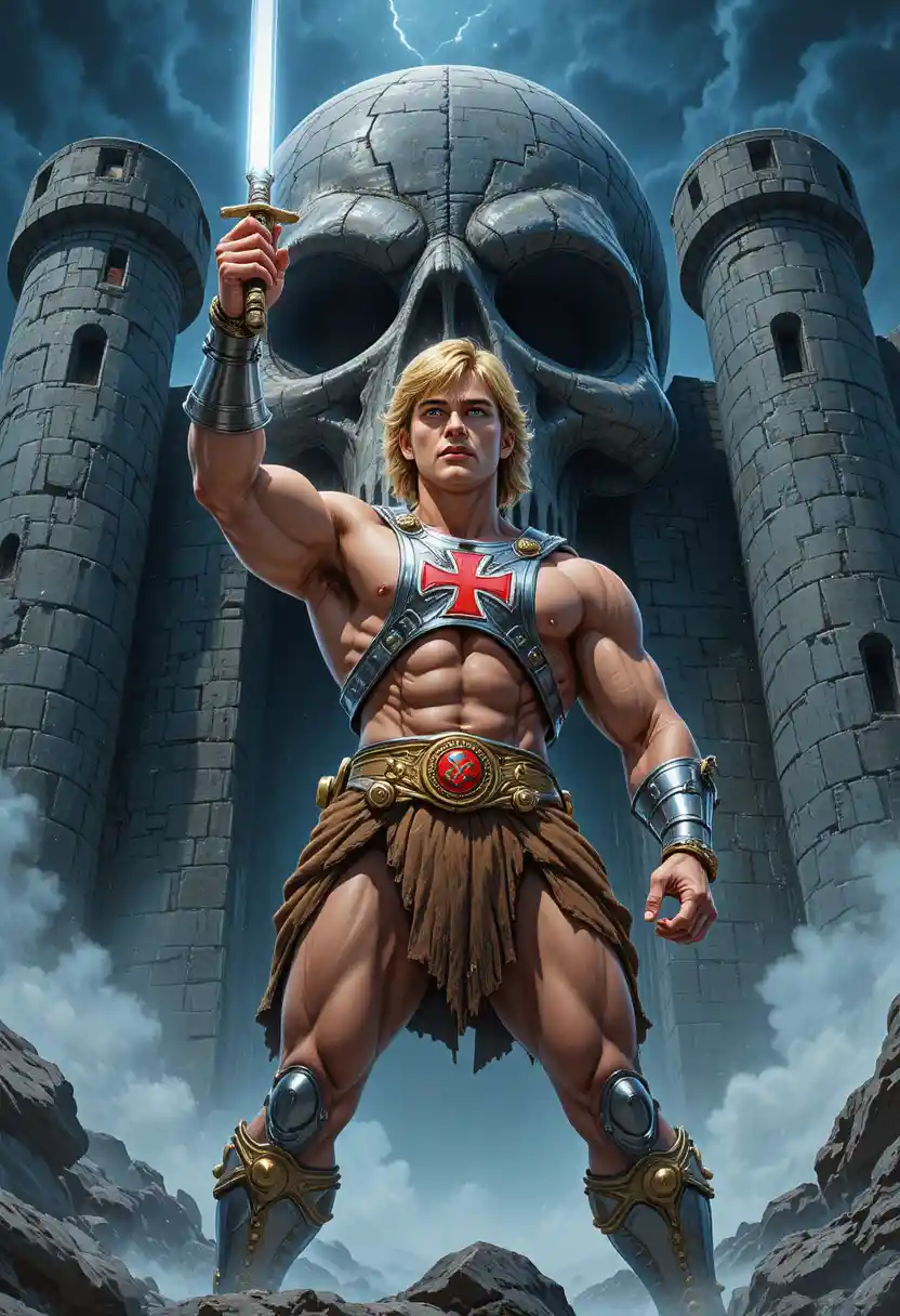 Héros de fantasy blond et musclé levant une épée lumineuse devant une forteresse