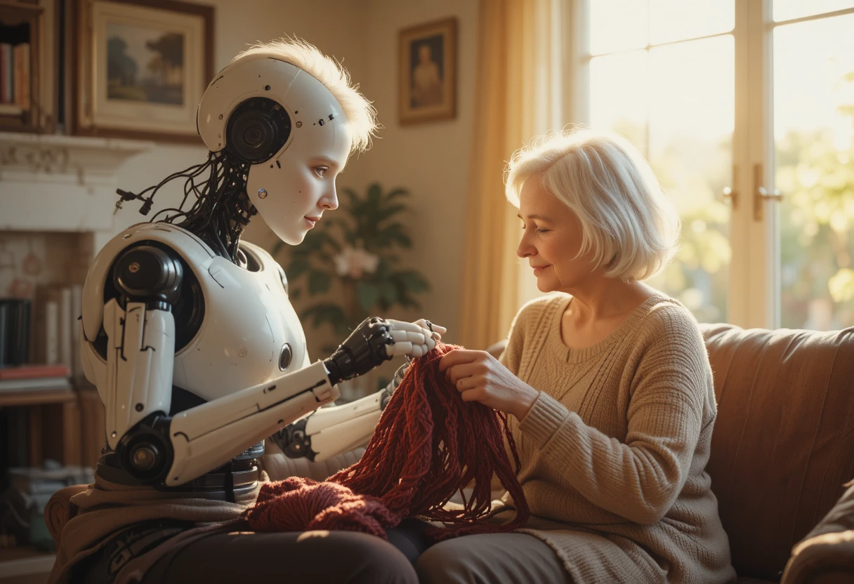 Ältere Frau bringt einem Haushaltsroboter das Stricken bei