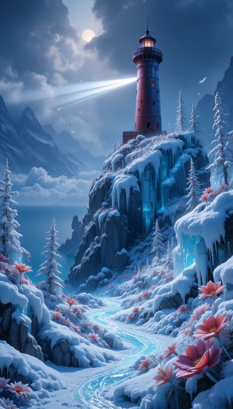 Faro di ghiaccio sopra un paesaggio costiero fantasy ghiacciato