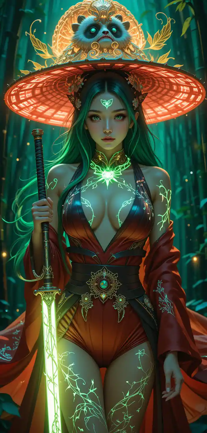 Anime warrior woman glowing with magical filigree tattoos