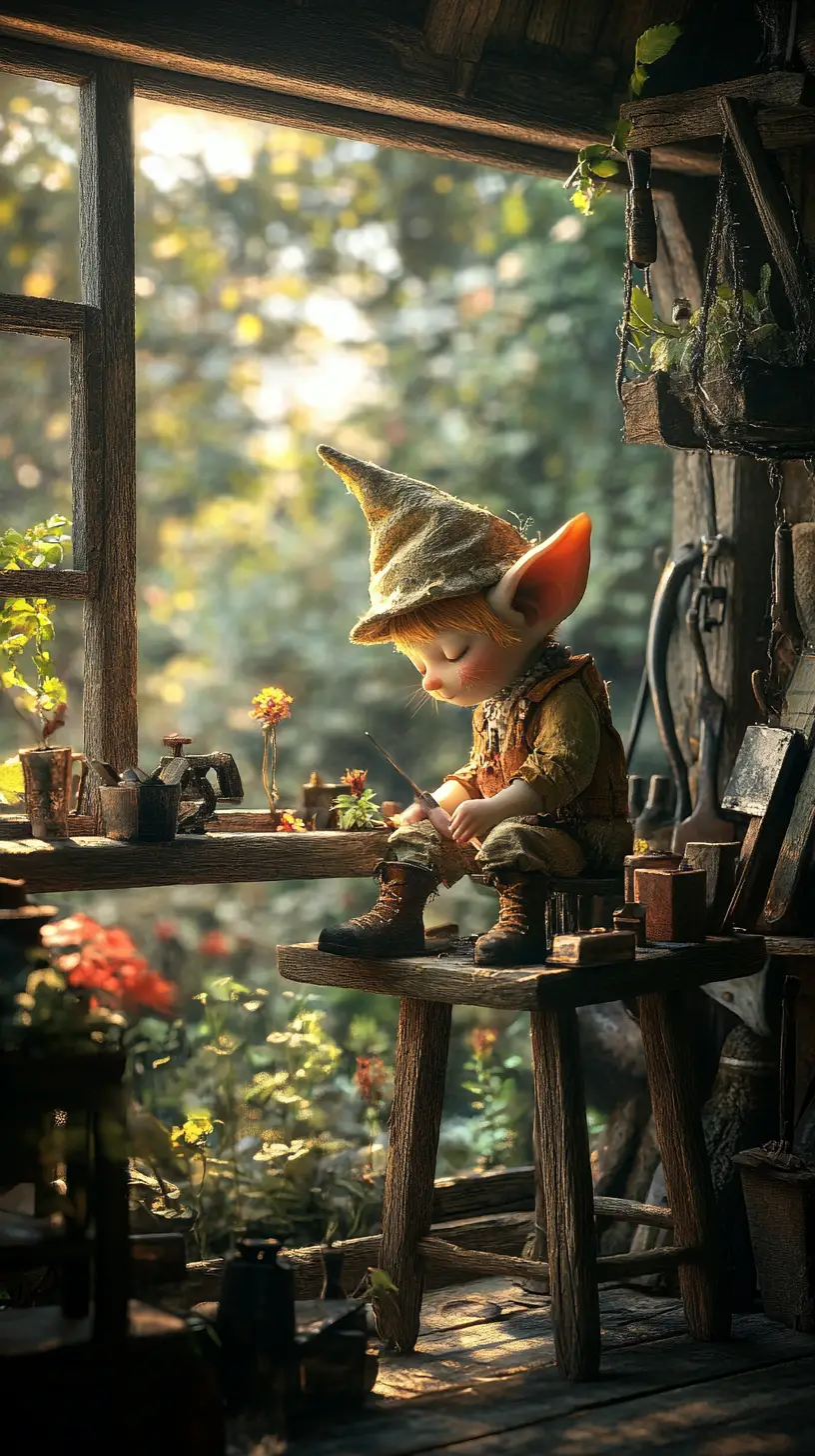 Small fairy helping with chores in a rustic cottage