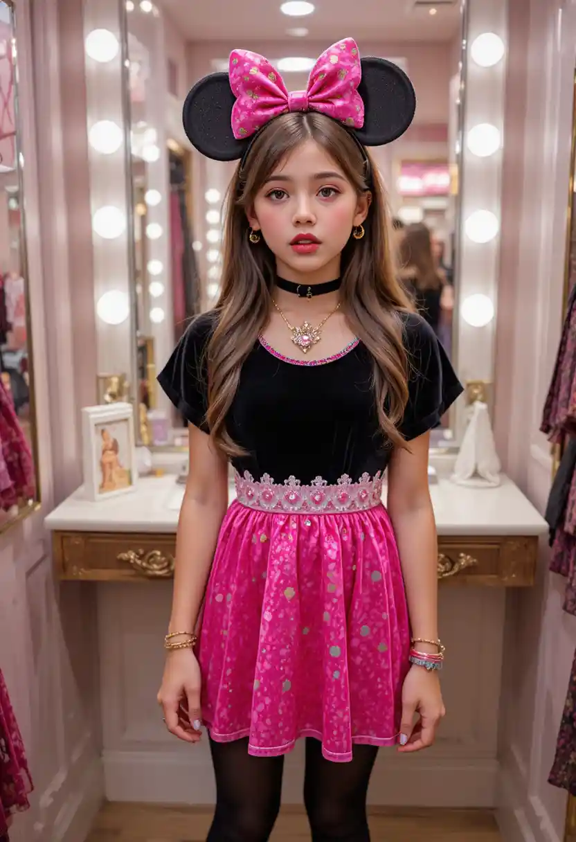 Garçon préadolescent en robe Minnie rose à une coiffeuse de boutique