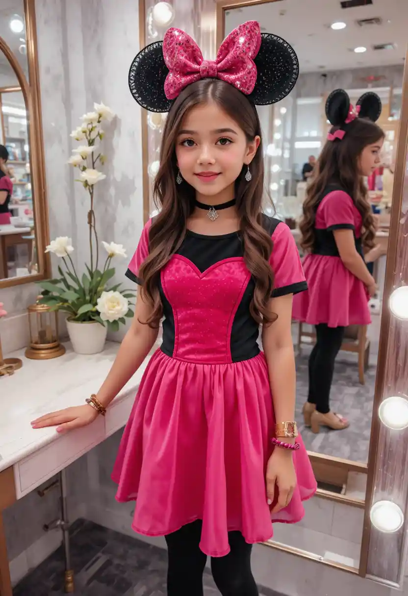 Tween boy in pink minnie dress at boutique vanity