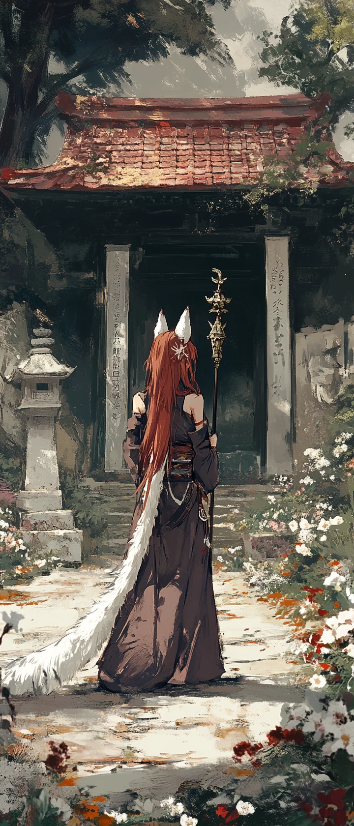 Fille anime aux oreilles de renard dansant dans la cour d’un temple