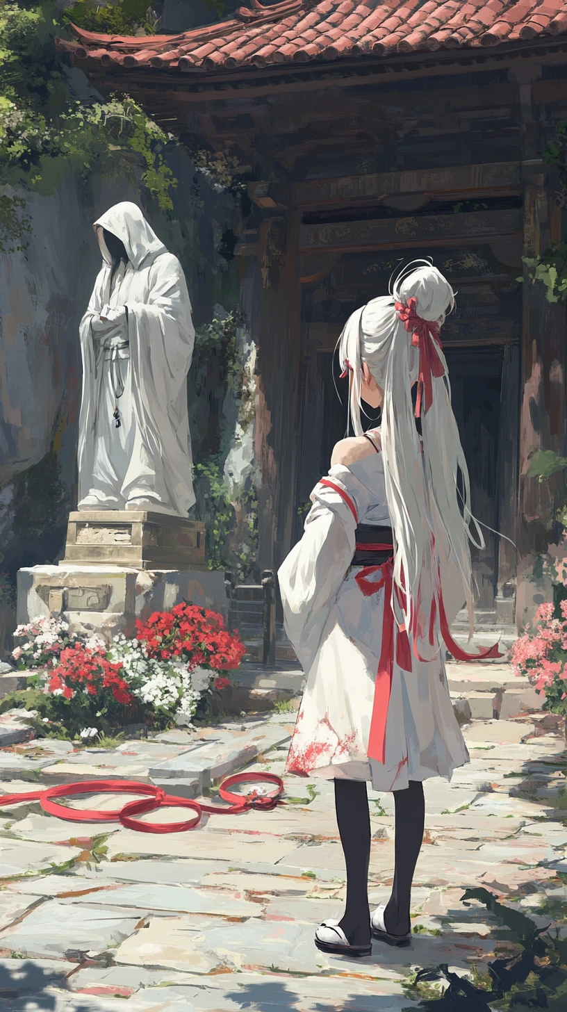 White haired anime girl in a cliffside temple courtyard