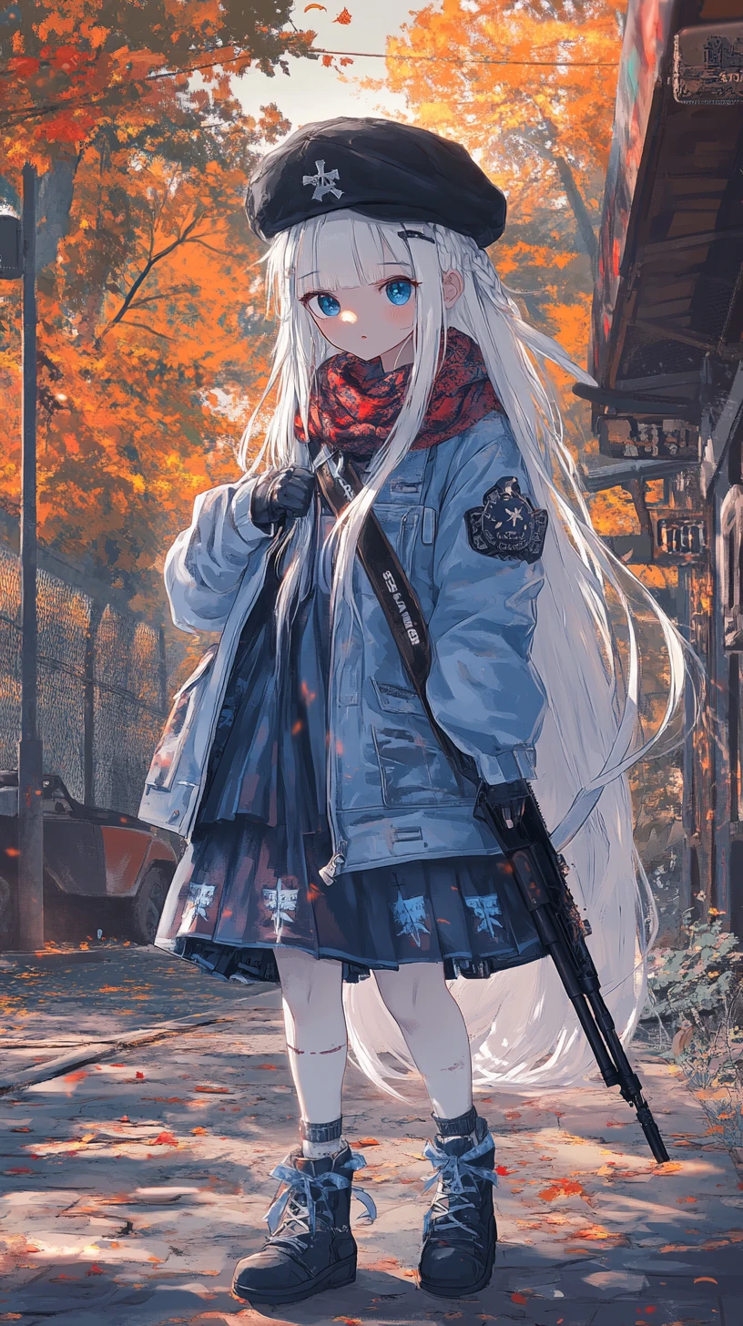Anime girl with shotgun by a remote mountain hut