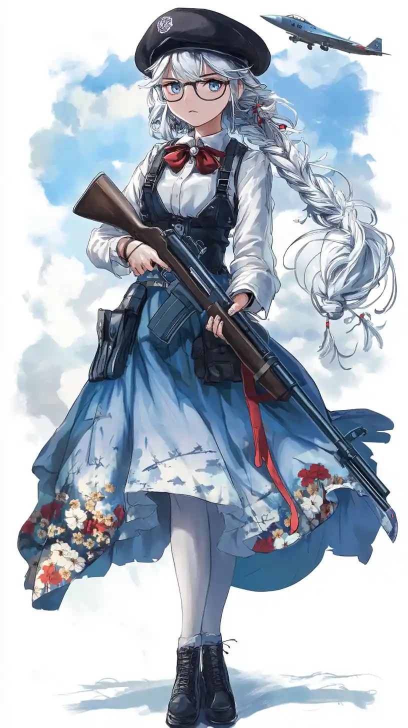 Düstere Anime-Mädchen mit Gewehr unter wolkigem Himmel