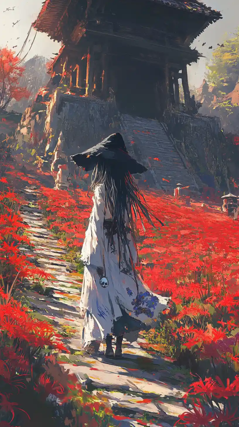 Chica en el patio de un templo al atardecer entre lirios araña rojos