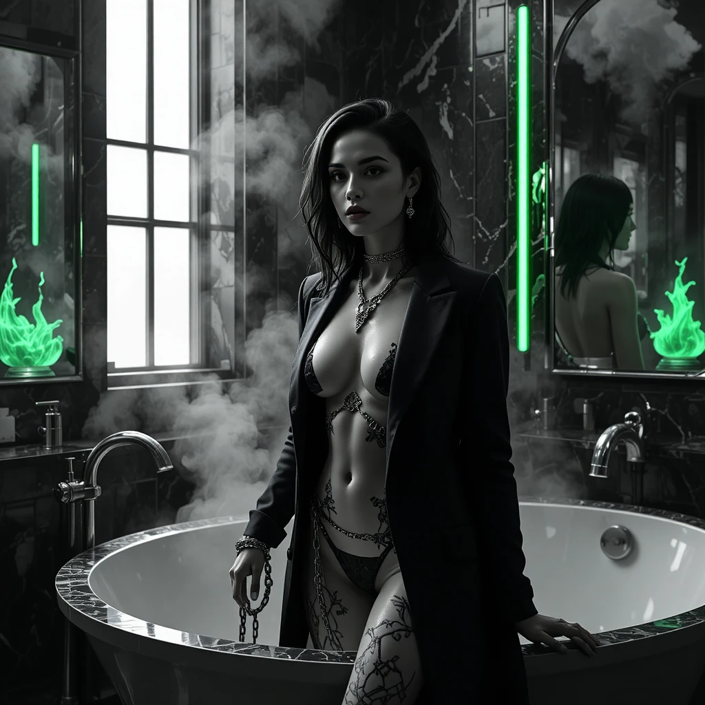 Mulher dominante e fashion em banheiro noir com toques de neon