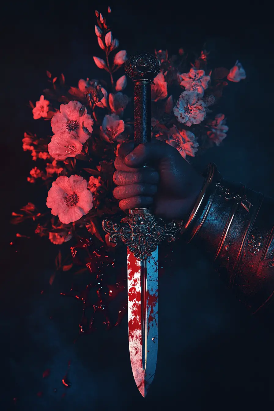 Mano Empuñando un Daga con Escudo y Flores Detrás