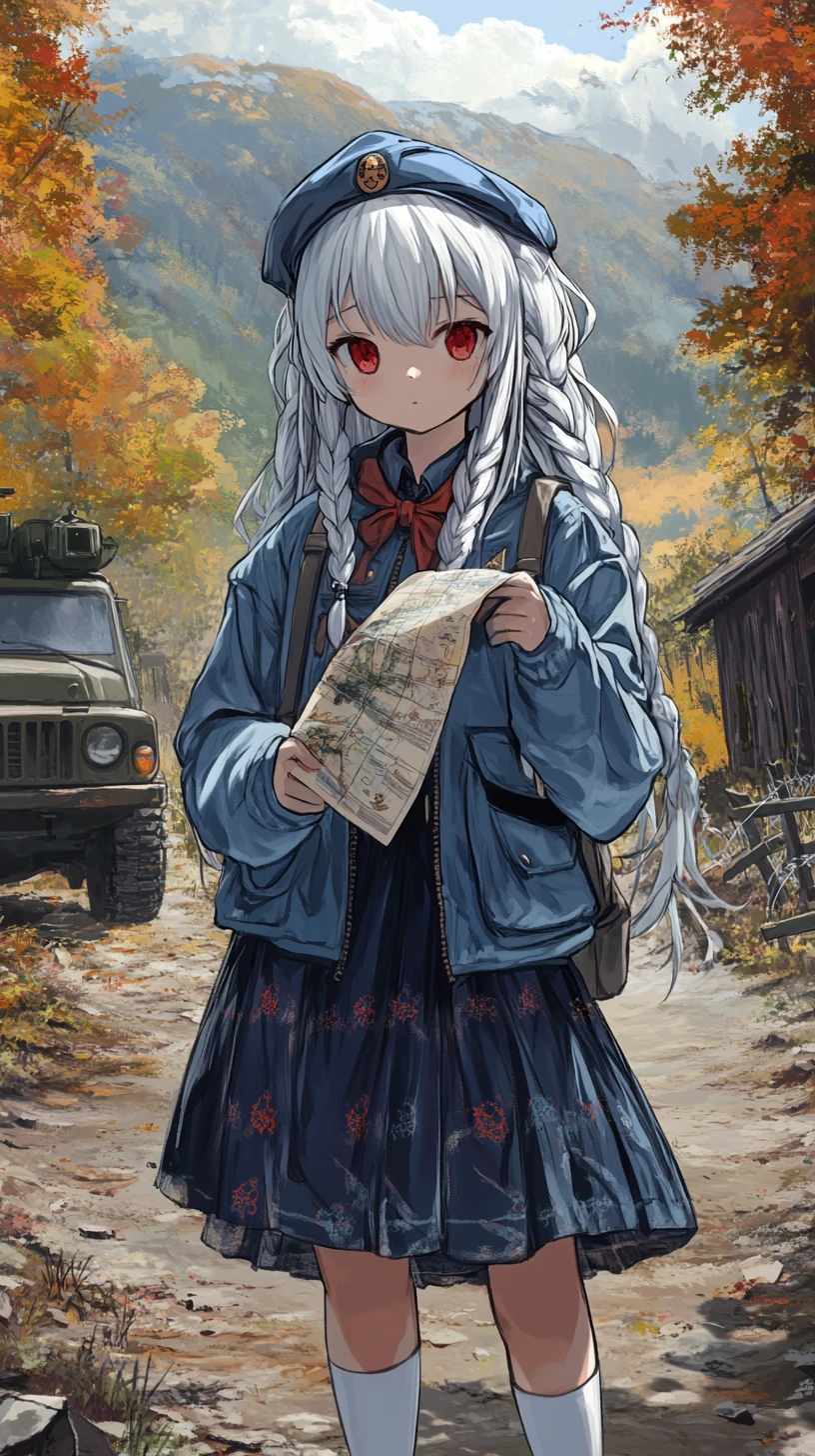 Gloomy anime girl with forest map in autumn woods