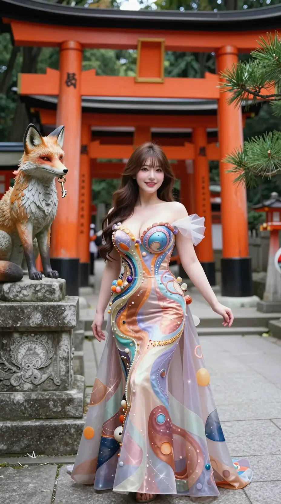 Japanese girl posing before fox statue at shrine