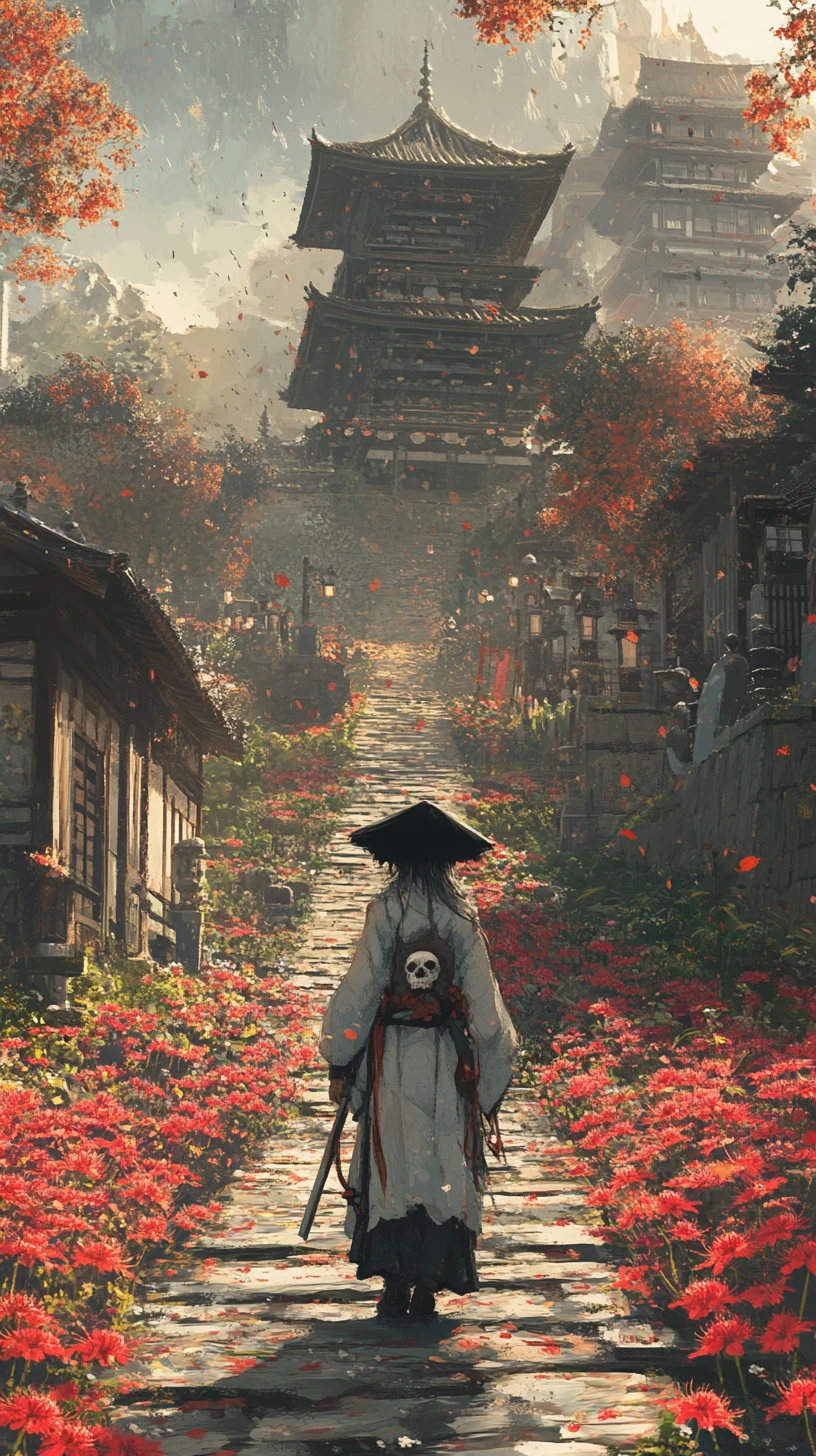 Anime girl in ruined temple courtyard at sunset