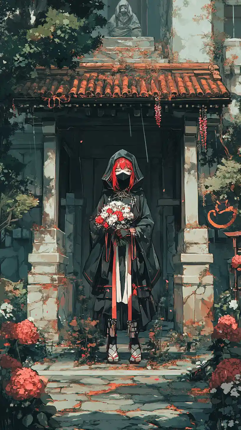 Ancient cliffside temple courtyard with hooded stone statue