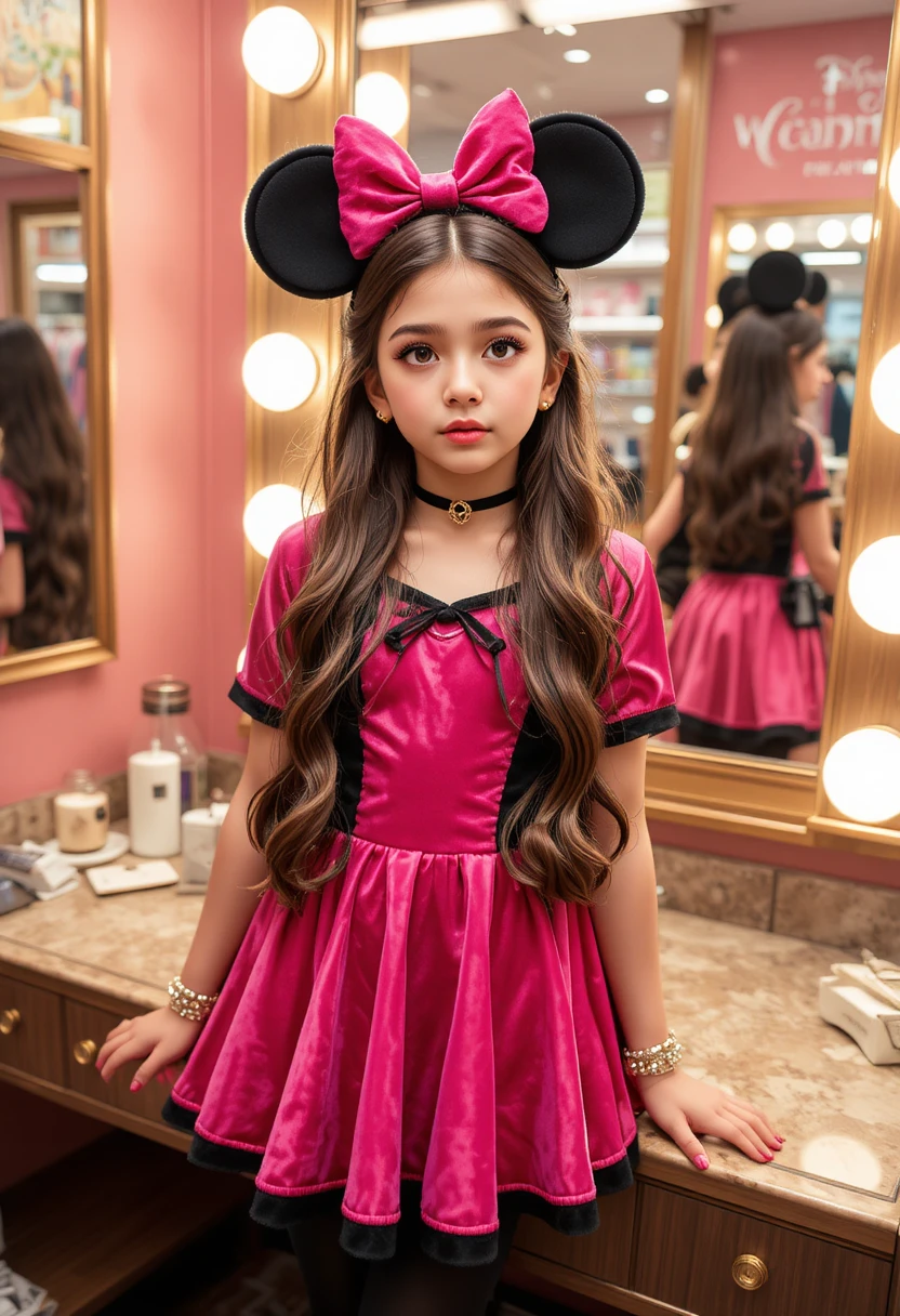 Tween boy in pink minnie dress at boutique vanity