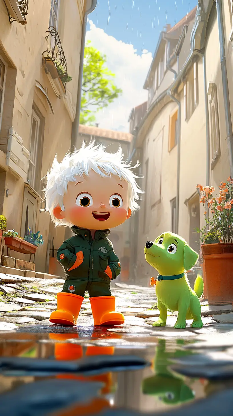 Cheerful polar bear and dog on a sunny cobblestone street