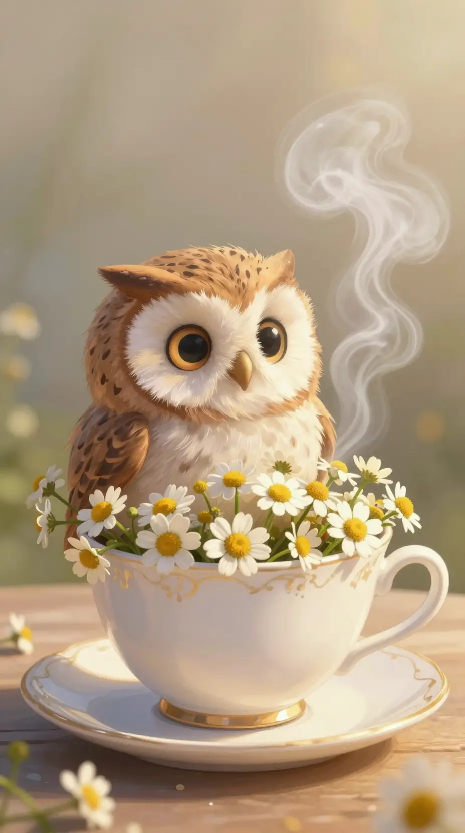Fluffy owl resting in a chamomile tea cup illustration