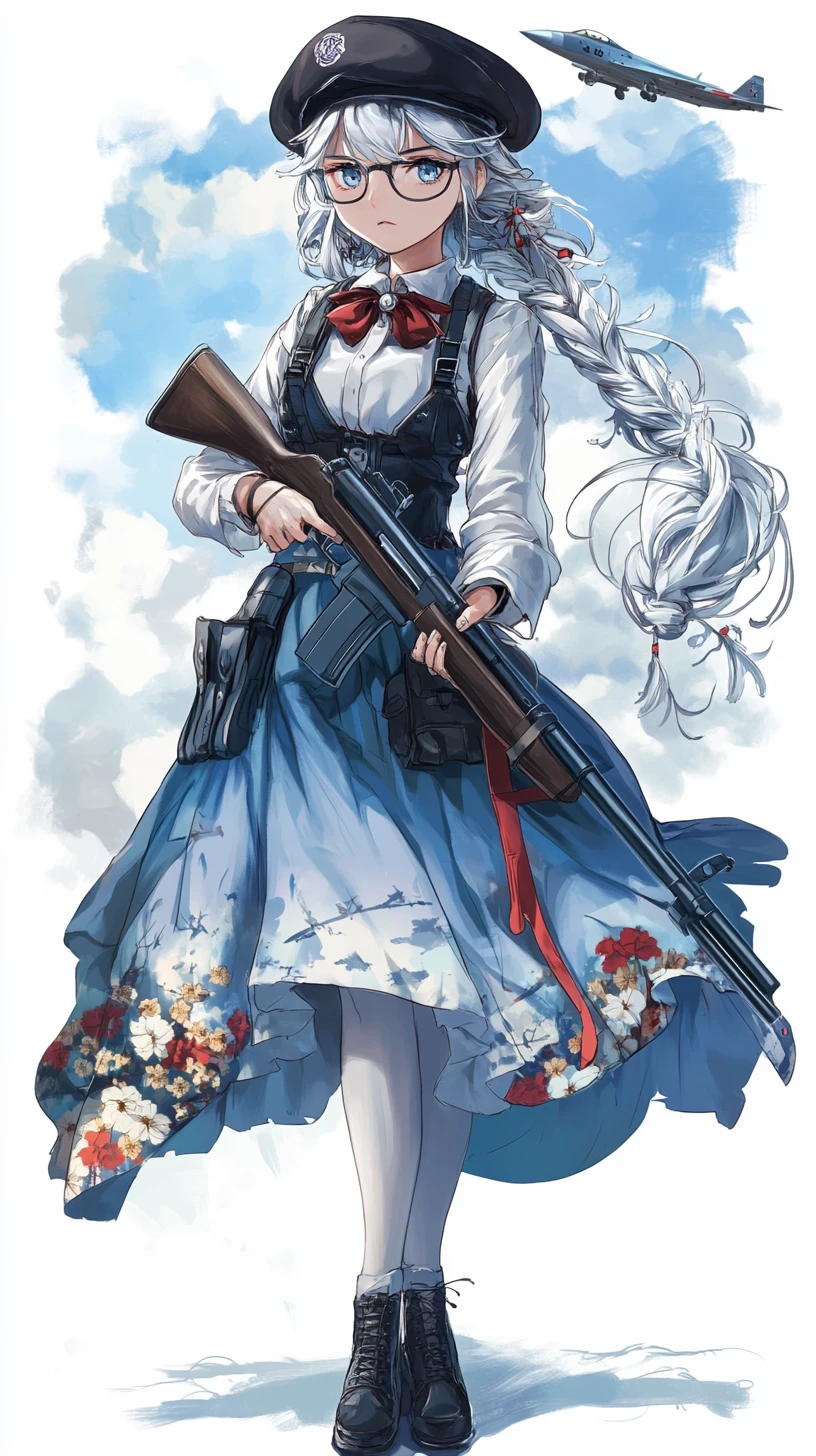 Fille d'anime sombre avec fusil sous un ciel nuageux