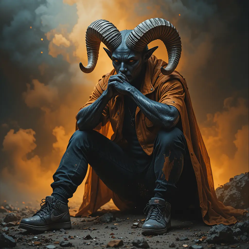 Dark fantasy figure with ram horns in orange jacket