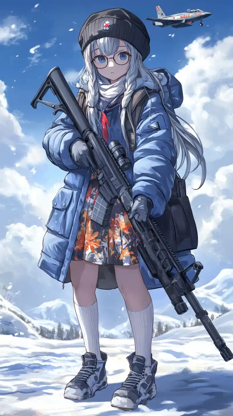 Chica de anime sombría con rifle bajo un cielo nublado